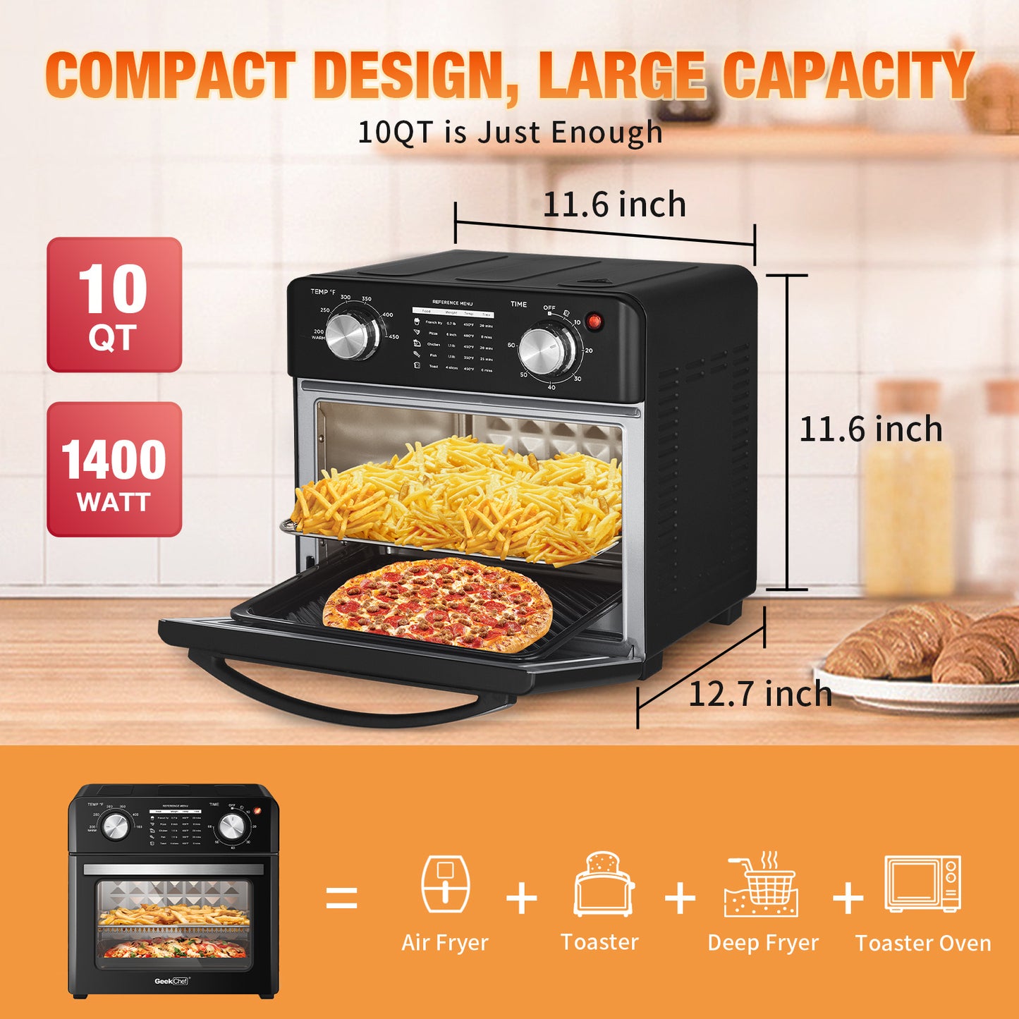 Geek Chef 10QT Air Fryer & Toaster Oven – Oil-Free Cooking, Bake, Broil & More!